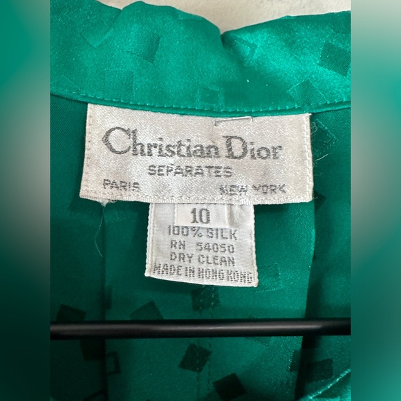 Beautiful Forest Green Vintage 100% Silk Blouse By Christian Dior Size 10 - Picture 6 of 10